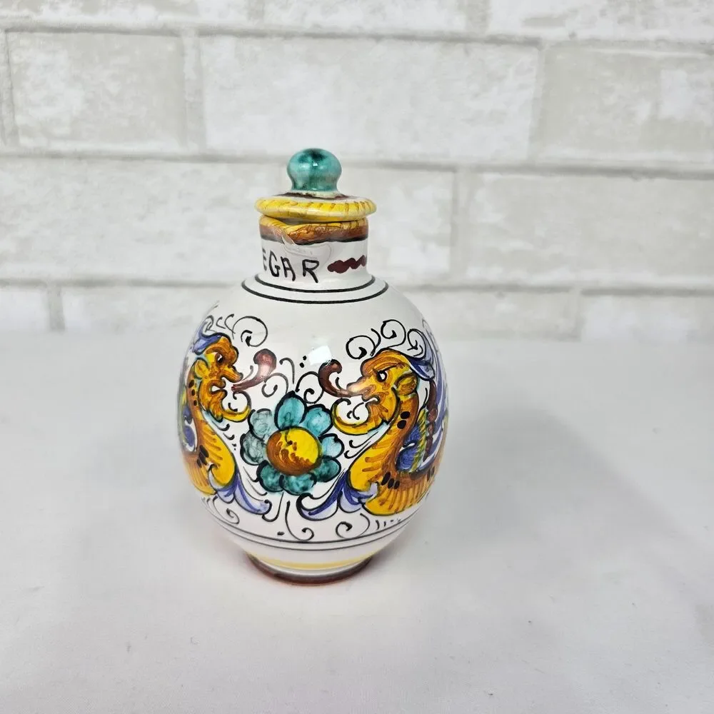 Deruta Italy Raffaellesco Majolica Ceramic Vinegar Cruet Hand Painted Vintage